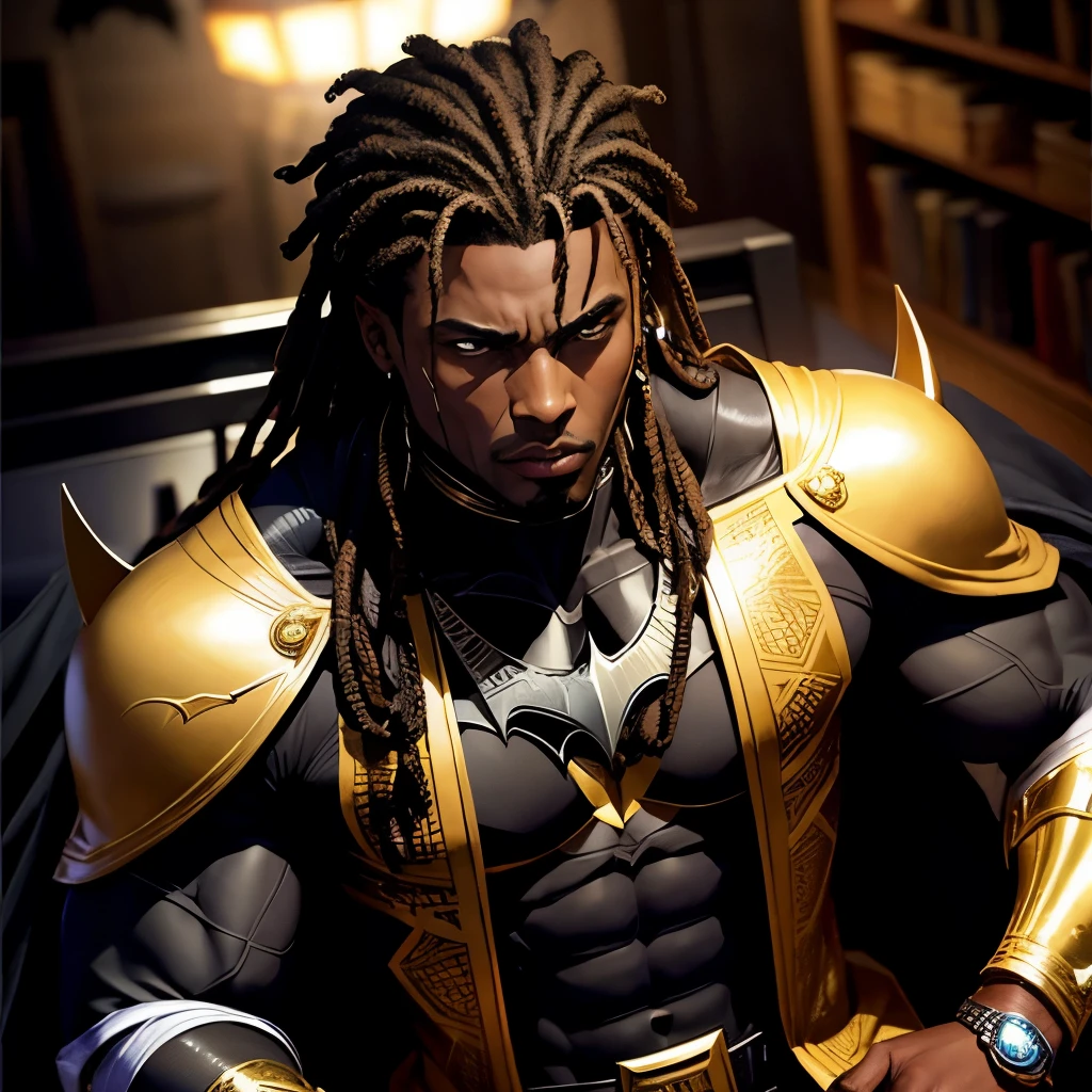 A close up of a man with dreadlocks and a gold armor - SeaArt AI