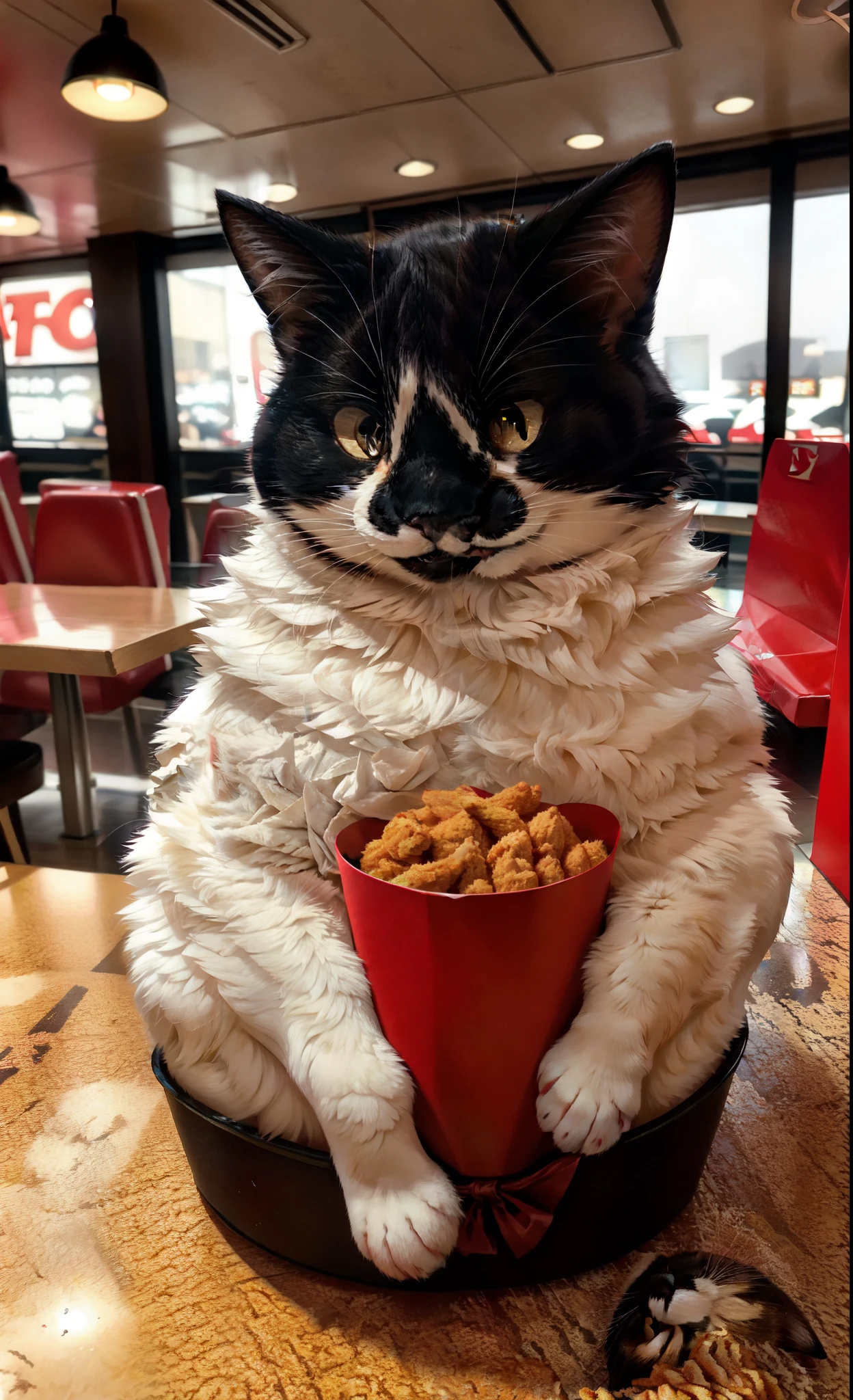 Araffe cat sitting on a table with a bowl of food - SeaArt AI