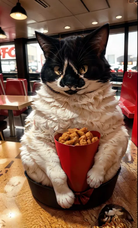Leo, feral, black and white cat, fluffy, yellow cat eyes, cute cat, inside of a kfc, smiling, happy, surrounded by fried chicken, in a kfc restaurant, popping out of a kfc bucket 