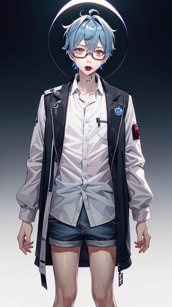 vtubermodel of 1 boy, zombie, mature, shirt,jacket, Cute, Genshin&#39;s influence, anime,blue hair, White skin, gray eyes, glasses, High quality , Additional Information , rendered, White background, whole body