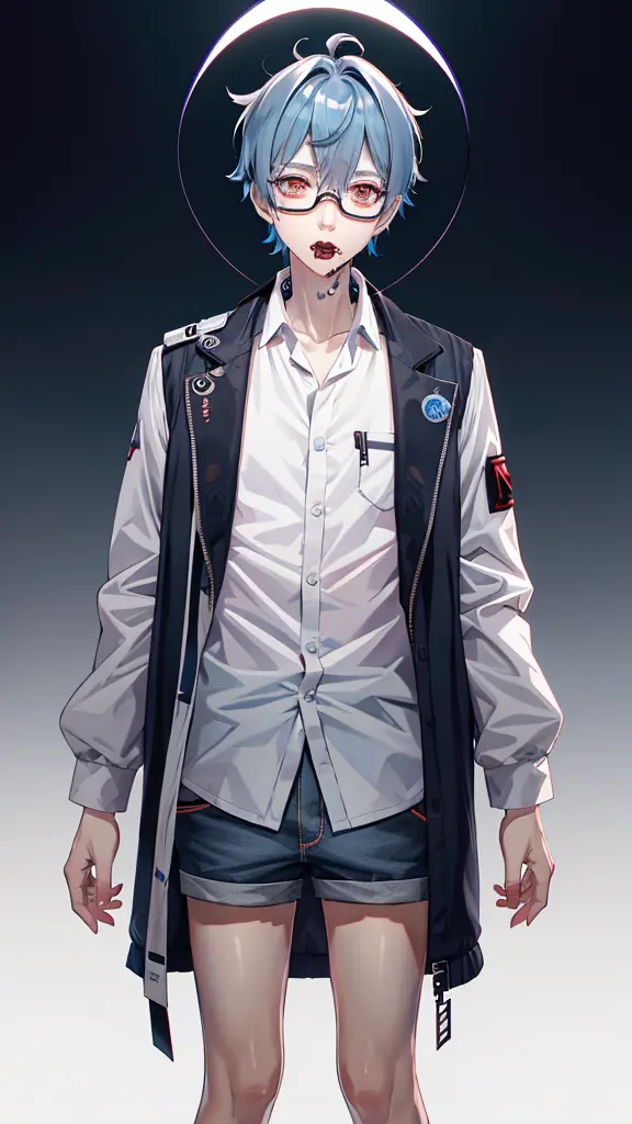 vtubermodel of 1 boy, zombie, mature, shirt,jacket, Cute, Genshin&#39;s influence, anime,blue hair, White skin, gray eyes, glass...