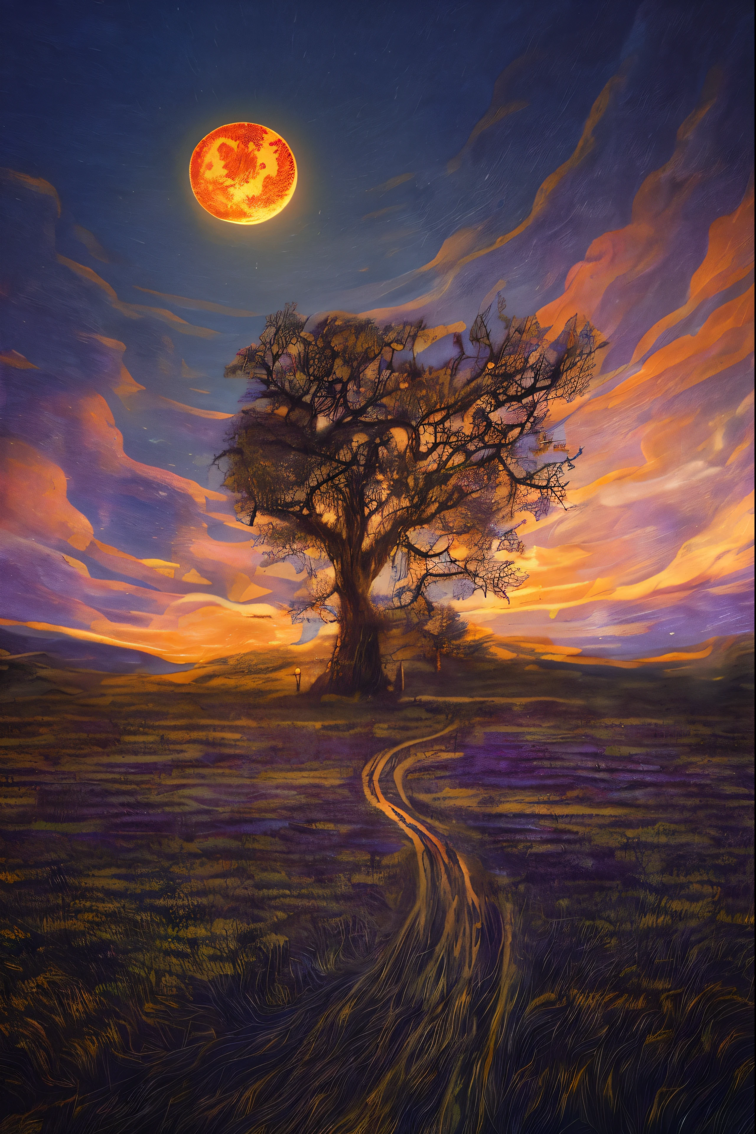 Expansive landscape photograph，（moon full：1.2），（meteors：0.9），（Starcloud：1.3），Far Mountain, Tree BREAK making art，（Warm light source：1.2），（glowworm：1.2），lamp lights，Lots of purple and orange，Complicated details，Volumetriclighting，Realism BREAK（tmasterpiece：1.2），（best qualtiy），8K，Ultra-detailed，（dynamic compositions：1.4），The is very detailed，Colorful details，（Irridescent color：1.2），（luminouslighting，Atmospheric lighting），dream magical，magical，（独奏：1.2），（（best qualtiy））， （（tmasterpiece））， （the detail：1.4），depth of fields，maximum definition and sharpness，perfectly proportions，Fluttering clouds，Wallpapers