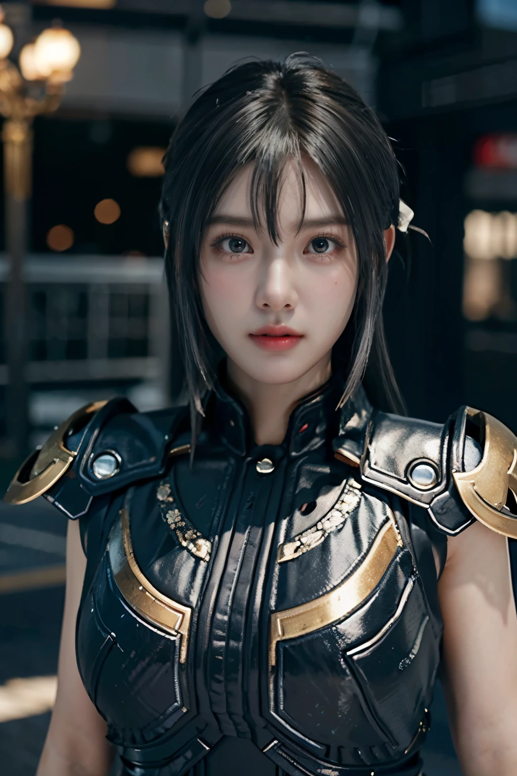 Game art，The best picture quality，Highest resolution，8K，((A bust photograph))，((Portrait))，(Rule of thirds)，Unreal Engine 5 rendering works， (The Girl of the Future)，(Female Warrior)， 22-year-old girl，(Female hackers)，(Ancient Oriental hairstyle)，(A beautiful eye full of detail)，(Big breasts)，(Eye shadow)，Elegant and charming，indifferent，((Frown))，(Battle wear full of futuristic tech，Clothing combines futuristic power armor and police uniforms，The garments are adorned with glittering patterns and badges)，Cyberpunk Characters，Future Style， Photo poses，City background，Movie lights，Ray tracing，Game CG，((3D Unreal Engine))，oc rendering reflection pattern