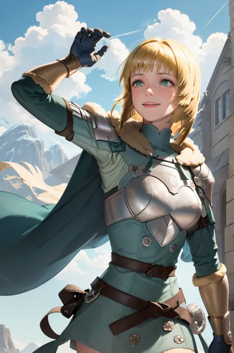 masterpiece, best quality, hopesingrid, medium hair, bob cut, bangs, shoulder armor, breastplate, green coat, fur trim, gauntlet...