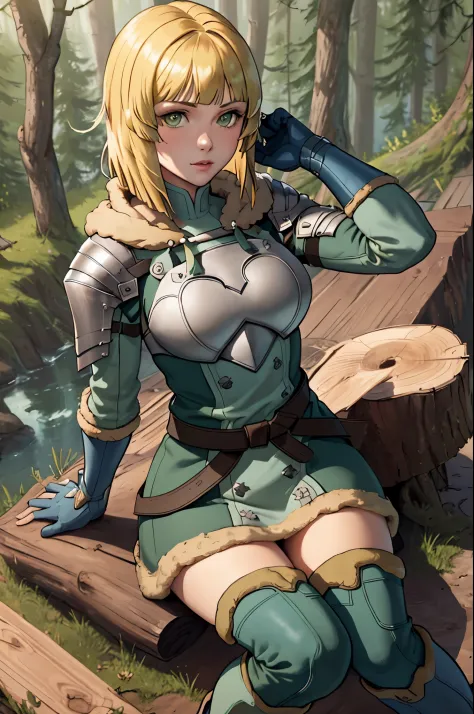 masterpiece, best quality,  hopesingrid, medium hair, bob cut, bangs, shoulder armor, breastplate, green coat, fur trim, gauntle...