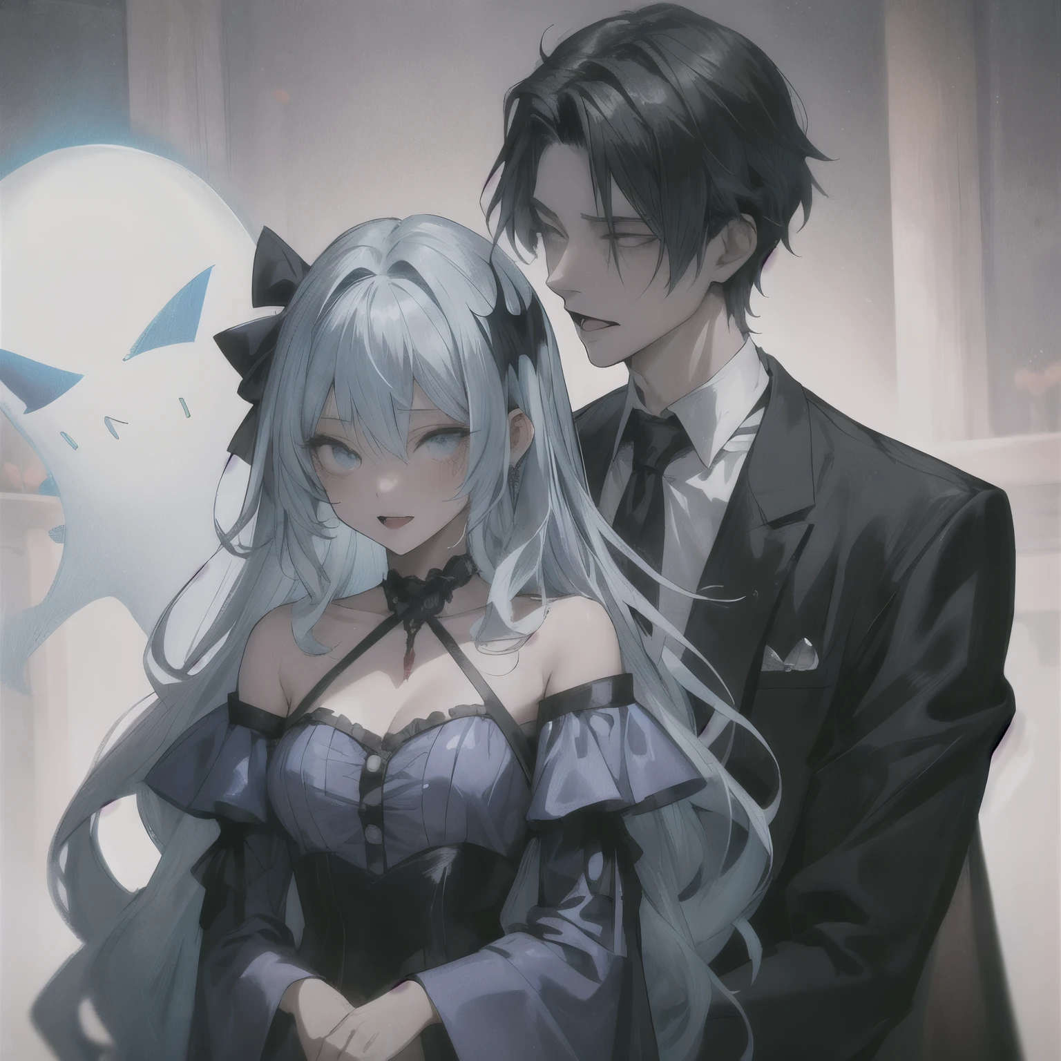 Anime couple dressed in black and white posing for a picture - SeaArt AI