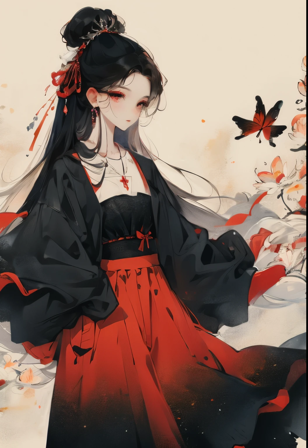 Poker face,,(dark fantasy),((Wonderful illustrations)),(Details fly), long black hair, red pupils, girl, Solid black dress, collar only, The cuffs and skirt are dark red, There is a red butterfly hairpin pinned next to her ear., masterpiece, best quality, high quality, scarf,, Red and black crystal necklace,