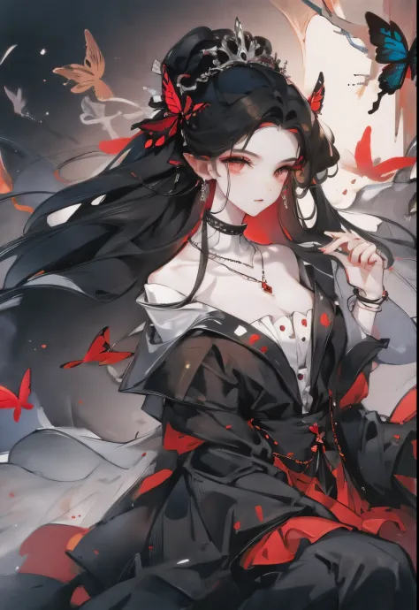 Poker face,,(dark fantasy),((Wonderful illustrations)),(Details fly), Butterflies anthropomorphic，Butterfly sprites，long black hair, red pupils, girl, Solid black dress, collar only, The cuffs and skirt are dark red, There is a red butterfly hairpin pinned...