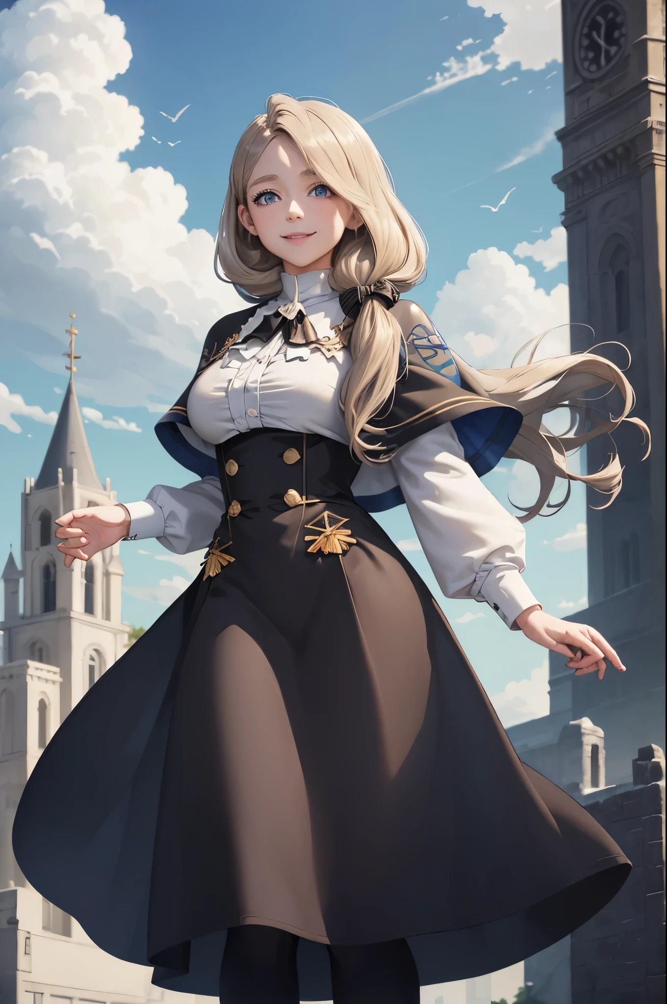 masterpiece, best quality, defMercedes, capelet, hair bow, white shirt, black skirt, blue leggings, upper body, standing, large breasts, cathedral, sky, cloud, outdoors, smile, serene, hands to heart 