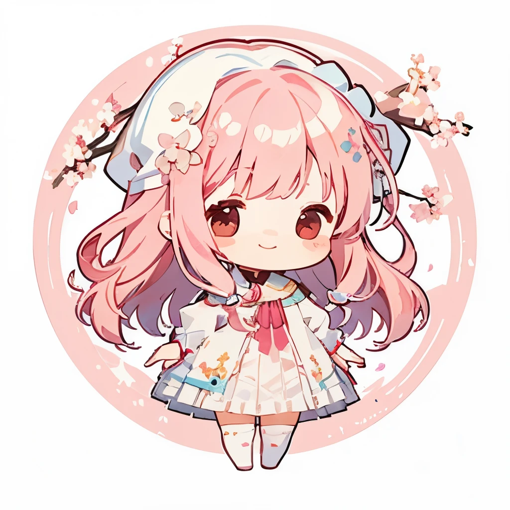 transparent watercolor、girl、Jewel Eyes、Beautiful arrangements and motifs、Depth of bounds written、flat avatar, 1girl, Smile, light pink hair((medium hair、wavy hair)), hair with white tips, pink mesh hair、Fashionable Design Clothing((pink and white)),background white、cherry blossom petals, Cute Girl, modest dress clothing, cherry blossom tights