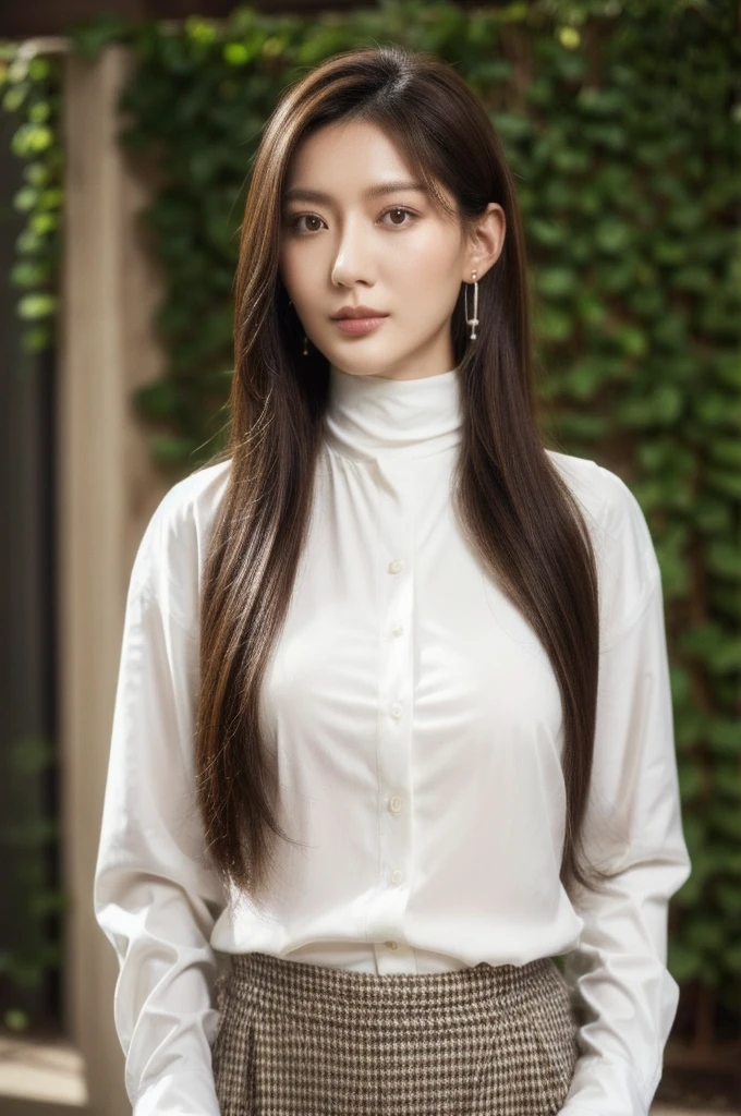 Li Yunsi,1girl,pleated skirt,turtleneck,earrings,brown hair,long hair,brown eyes,(white shirt:1.5),best quality,masterpiece,illustration,an extremely delicate and beautiful,CG,unity,8k wallpaper,Amazing,finely detail,masterpiece,official art,extremely detailed CG unity 8k wallpaper,incredibly absurdres,huge filesize,ultra-detailed,highres,extremely detailed,beautiful detailed girl,realistic,full frontal,full body