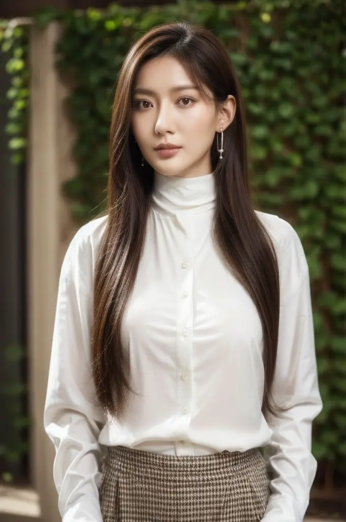 Li Yunsi,1girl,pleated skirt,turtleneck,earrings,brown hair,long hair,brown eyes,(white shirt:1.5),best quality,masterpiece,illu...