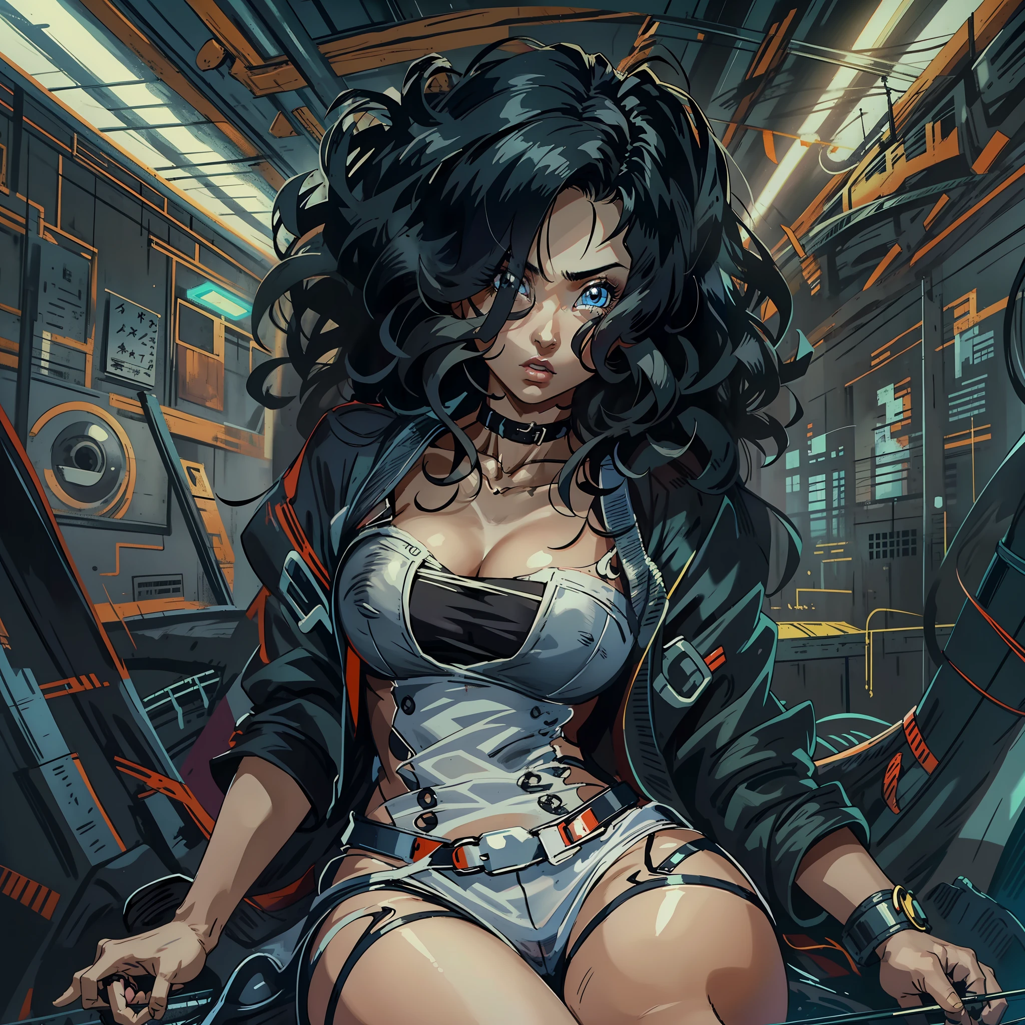 garota magra, branca, black hair curled and shabby, pose muito sensual, Beleza perfeita, Olhos bonitos　Glossy Lips,  seios muito pequenos aparecendo, mostrando os pequenos seios, cyberpunk