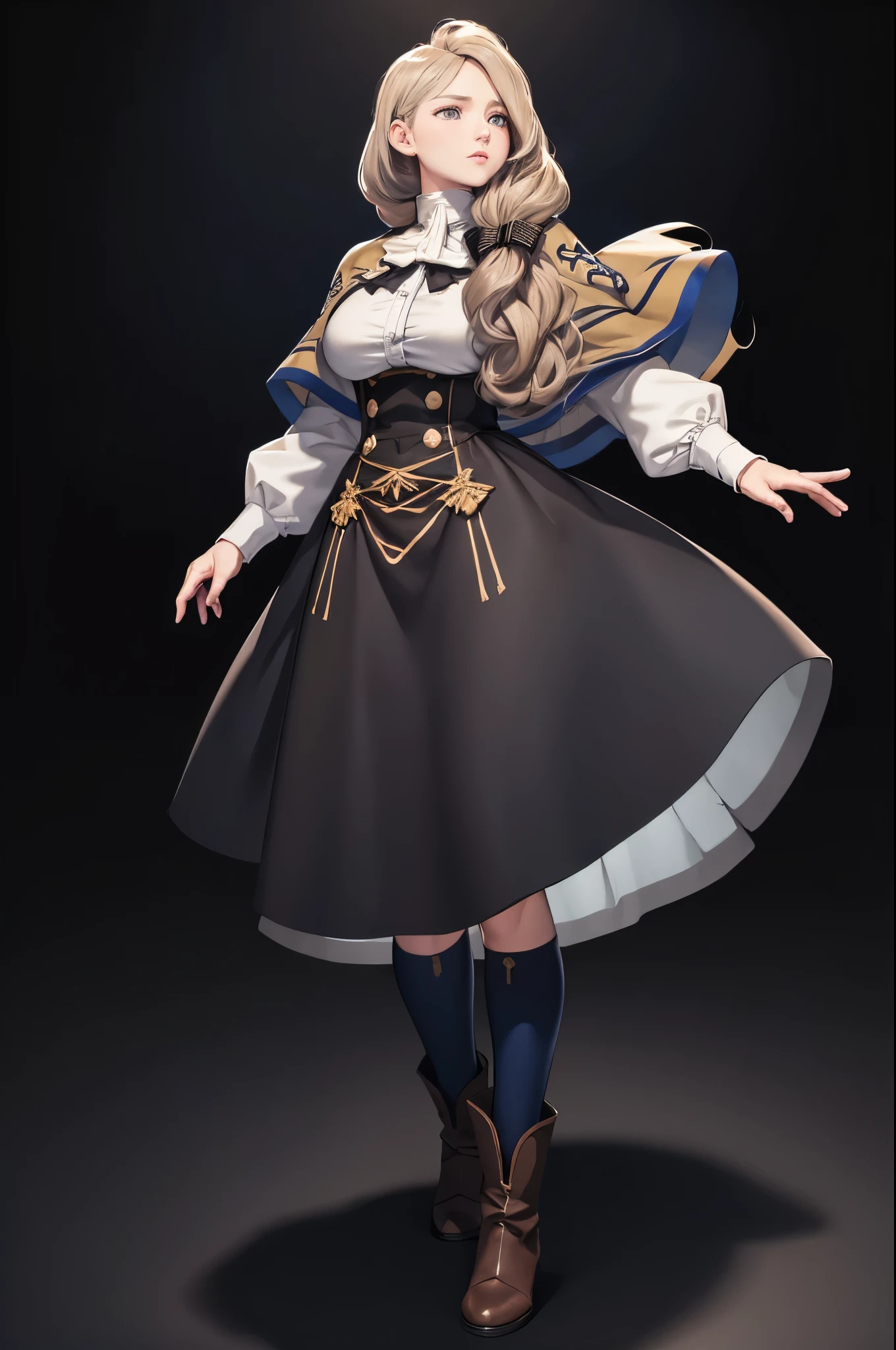 masterpiece, best quality, defMercedes, capelet, hair bow, white shirt, black skirt, blue leggings, brown boots, standing, whole body, black background, large breasts, simple background, FEH, casting magic, holy magic, white theme 