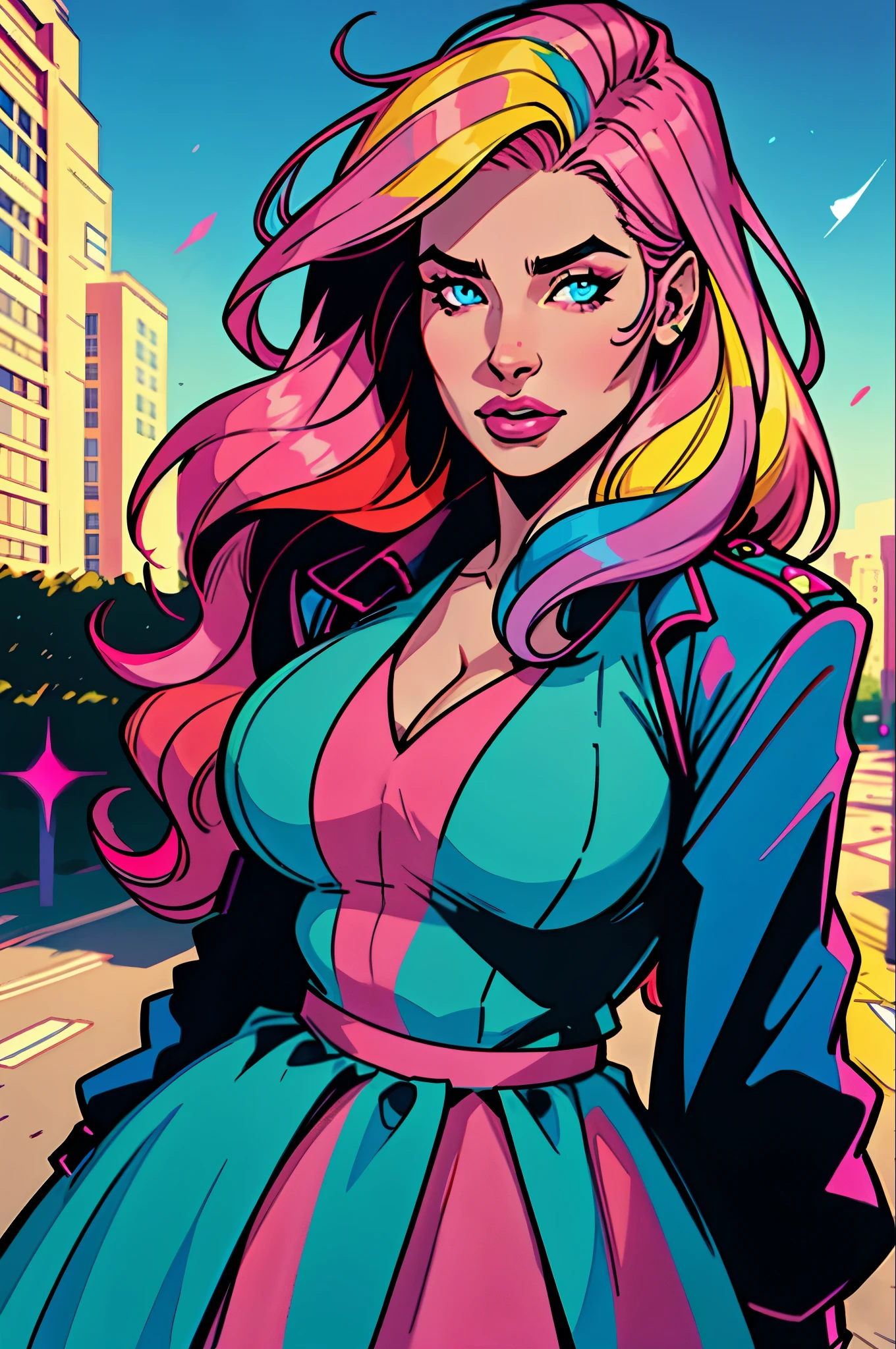 Transgender Female, Kitch, blue eyes, solo, voluptuous, long hair, jacket,outdoors, pride theme, rainbows, parade, pink dress, specular highlights, side lighting, detailed face, detailed eyes,