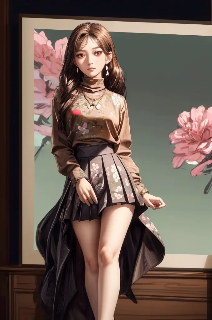 Li Yunsi,1girl,pleated skirt,jewelry,turtleneck,earrings,brown hair,necklace,long hair,brown eyes,(floral shirt:1.2),shirt,best ...