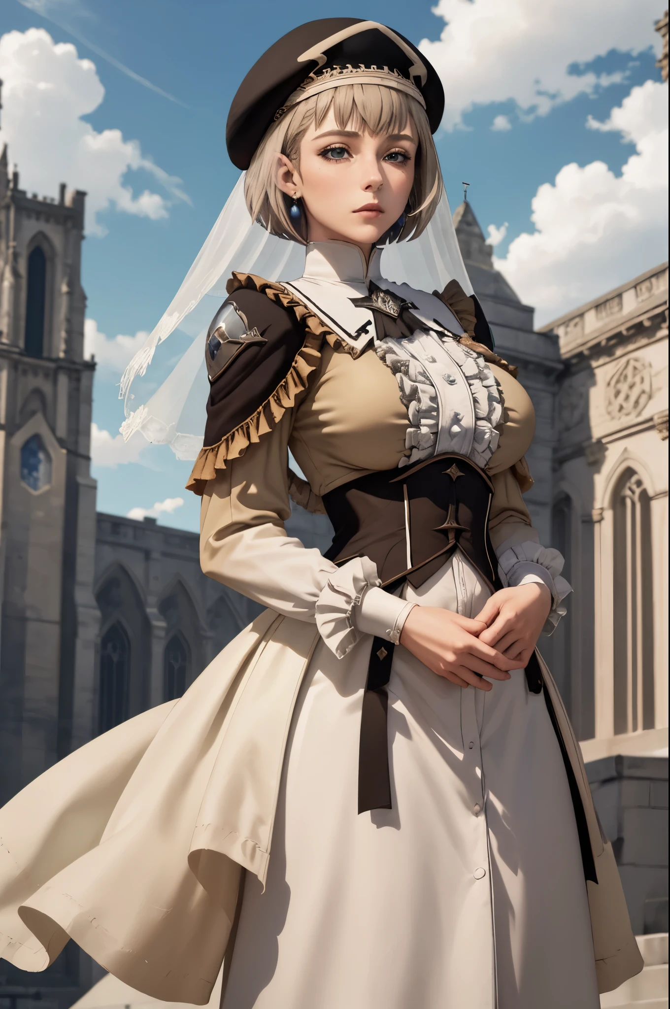 masterpiece, best quality, warMercedes, beret, veil, see-through, short hair, blue ascot, long frilled dress, large breasts, looking at viewer, neutral expression, arms at sides, cathedral, outdoors, clouds, marble architecture, sky 