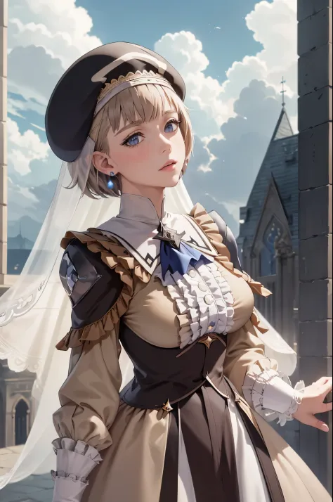 masterpiece, best quality, warMercedes, beret, veil, see-through, short hair, blue ascot, long frilled dress, large breasts, loo...