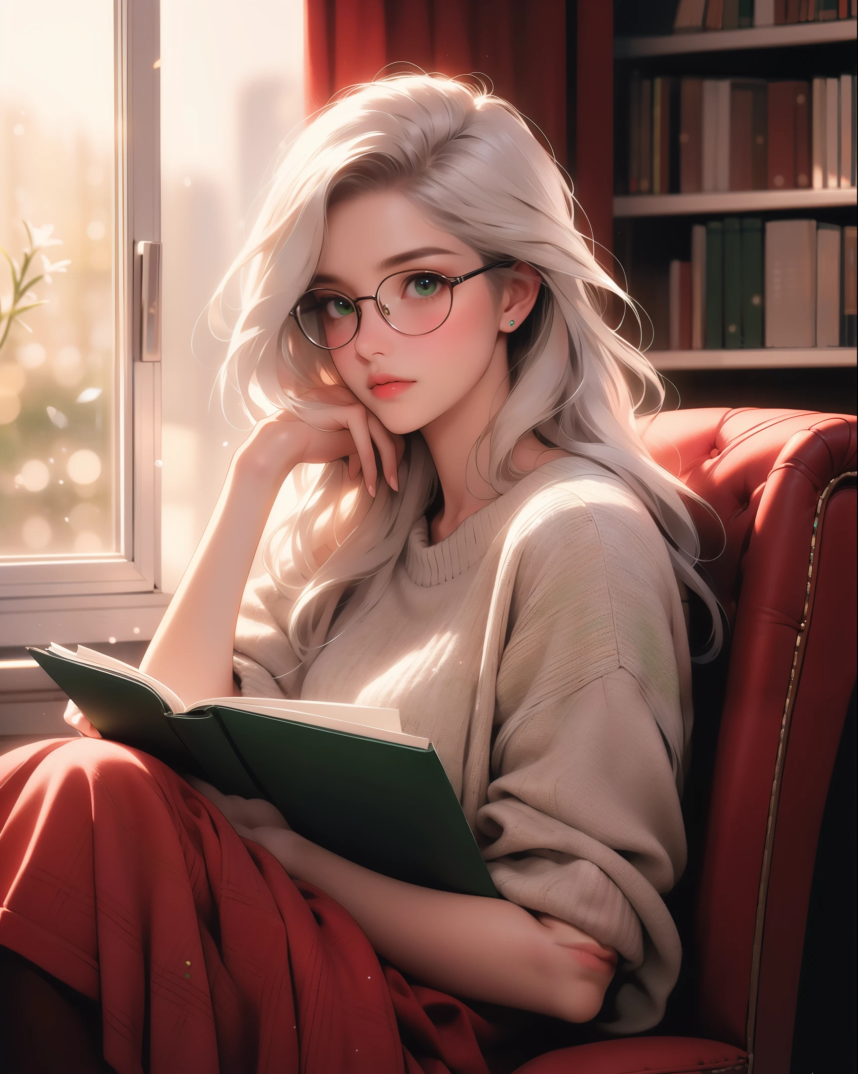 (best quality, ultra-detailed), a girl reading a textbook, beautiful detailed eyes, (green eyes:1.2), beautiful detailed lips, longeyelashes, studying, a quiet library, soft natural lighting, bookshelves filled with books, curled up on a cozy armchair, reading glasses, concentrated expression, flowing hair, (white hair:1.3), plaid skirt and bluesky sweater, high-res image, vivid colors, ultra-realistic, photorealistic, photograph, photogenic, bokeh.