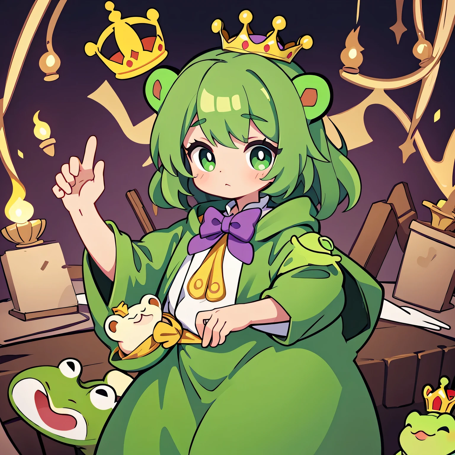 Prince wearing crown and frog costume，He has a frog in his hand