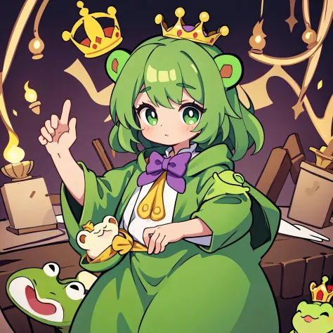 Prince wearing crown and frog costume，He has a frog in his hand