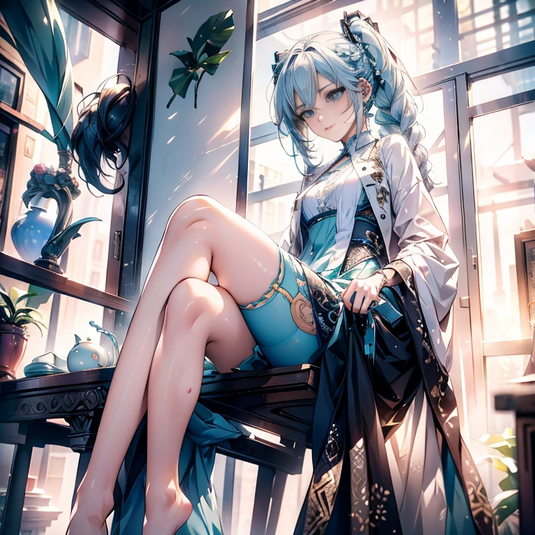 hatsune Miku、(ultra Realistic), (An illustration), (Highres), (8K), (highlydetailed), (the best illustration), (Beautiful Detailed Eyes), (beste Quality), (Super Detailed), (Master peace), (Wallpapers), (Detailed Face), solo, 1girl, Aristocratic dresses、White hair, Iris heterochromatic eyes, small moles under eye, medium chest, Long legs,Stunning composition,Foot braids,Beautiful and detailed legs