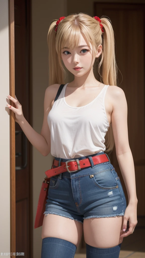 (8K、Raw photography、top-quality、​masterpiece:1.2)、(realisitic、Photorealsitic:1.37)、ultra-detailliert、超A high resolution、1girl, 25yo, akizuki airi, blueskye eyes, blonde_hair, twintails, very_long_hair, she is wearing it in her hair_ornament red, hair_scrunchie red, medium_breasts, akizuki airi, blueskye eyes,blonde_hair, twintails, very_long_hair, she is wearing it in her hair_ornament red, hair_scrunchie red, medium_breasts, She is wearing a tank top, short denim jeans with a red belt, long thigh-high black stockings,, ranking: explicit,
