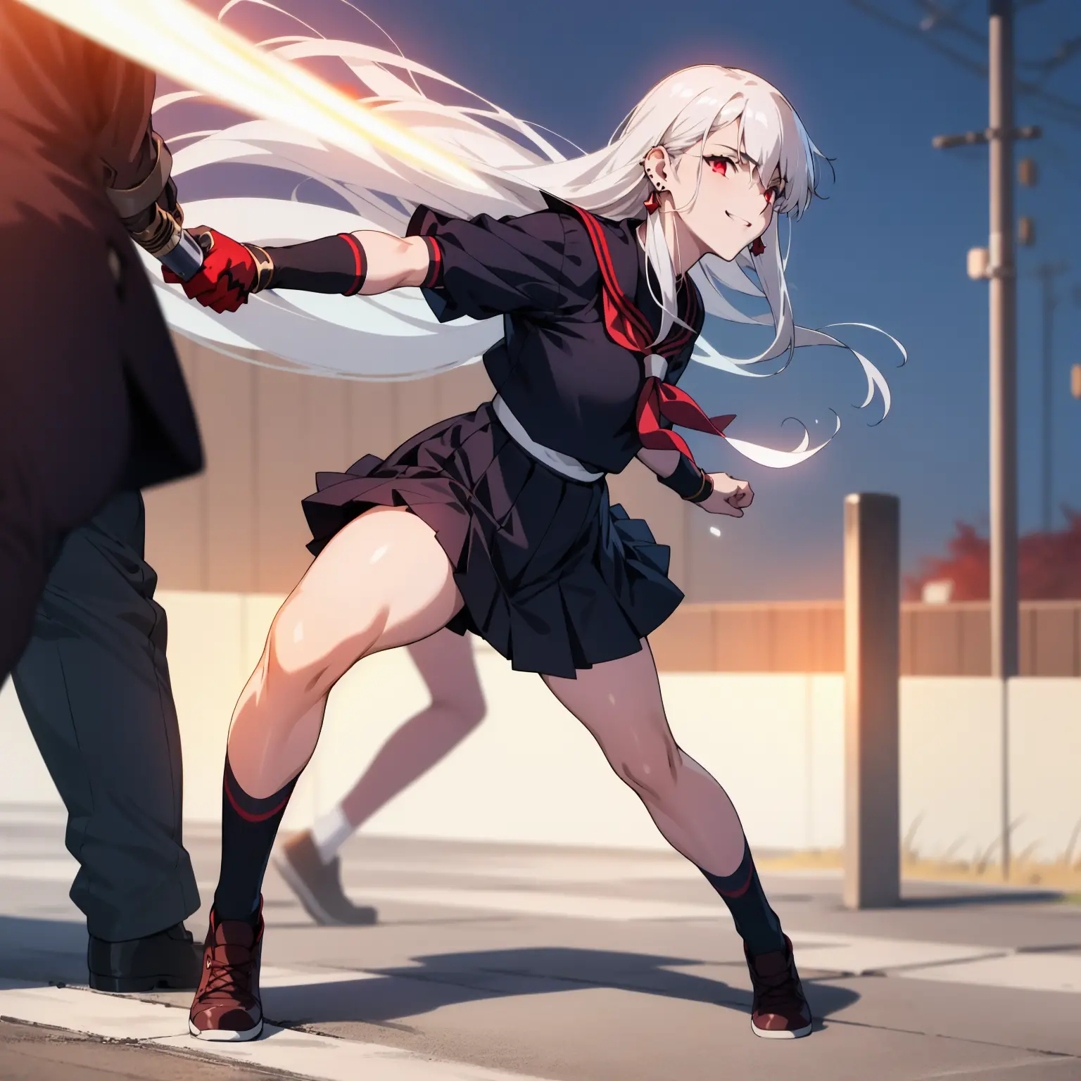 sukeban illyasviel_von_einzbern, mature_female, silver hair, holding yoyo, combat pose, full body, flowing hair, hair between th...