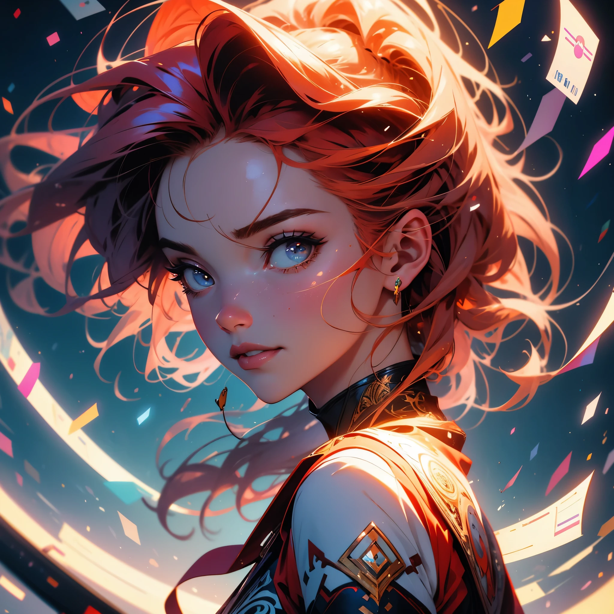 (masterpiece), best quality, a digital illustration portrait of a laughing redhead woman, perfect face, stunning, redhaired goddess, intricate motifs, artgerm and julie bell beeple, rhads and lois van baarle, artgerm and craig mullins, Edwin Landseer, digital painting, hyperrealism, DSLR, 8k