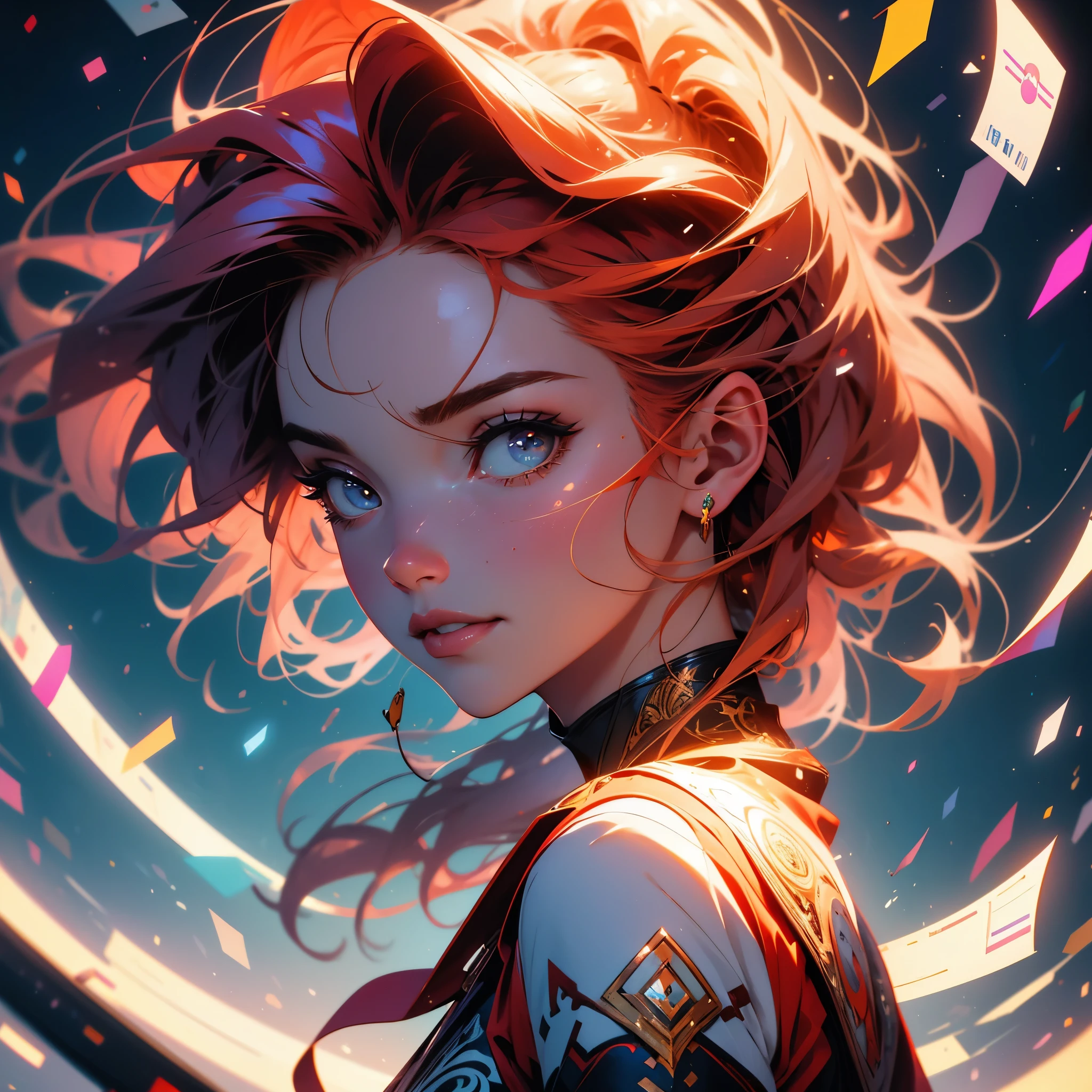 (obra de arte), melhor qualidade, um retrato de ilustração digital de uma mulher ruiva sorridente, Rosto Perfeito, esplêndido, deusa ruiva, motivos intrincados, Artgerm e Julie Bell Beeple, Rhads e Lois Van Baarle, Artgerm e Craig Mullins, Edwin Landseer, pintura digital, hiperrealismo, DSLR, 8K