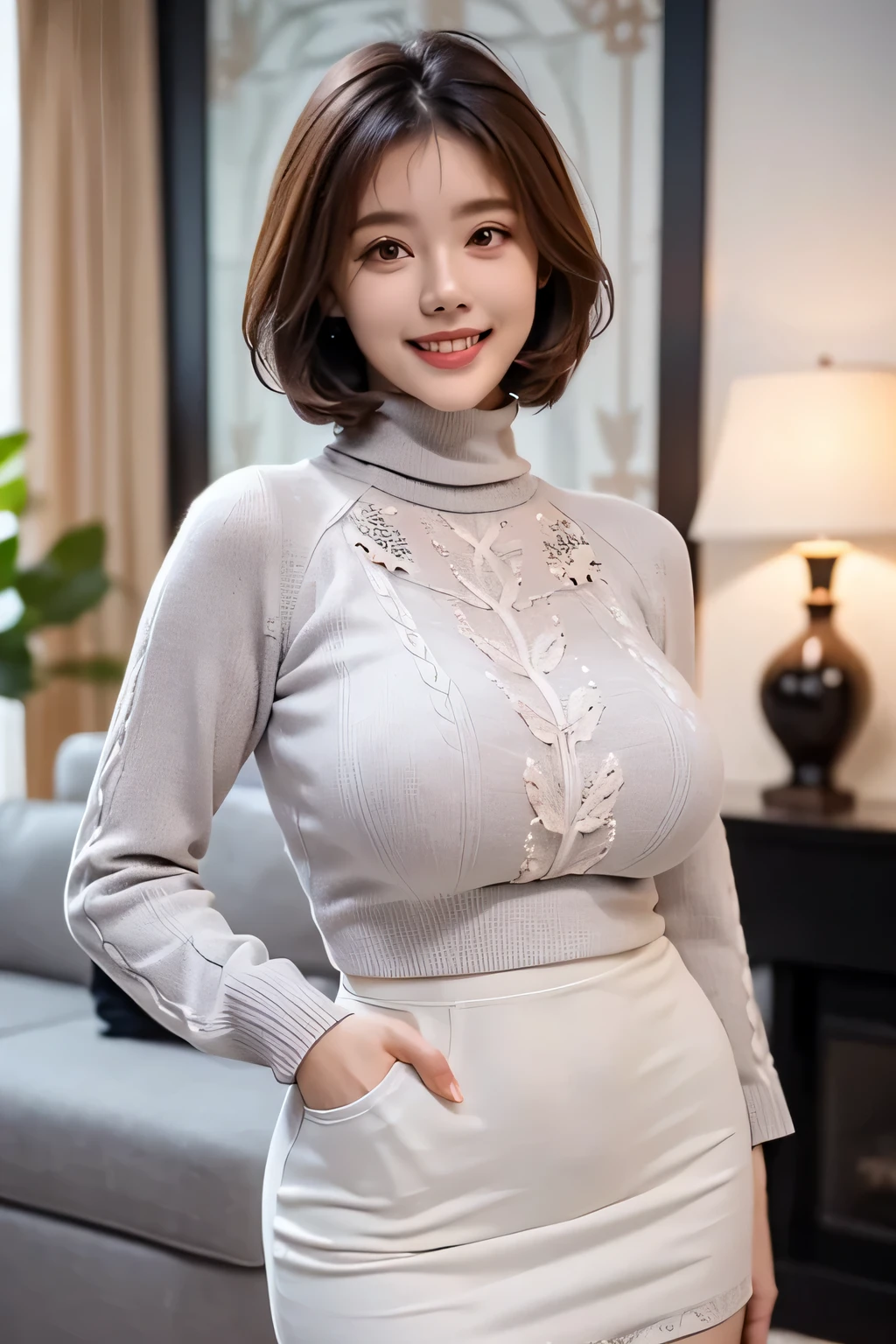 (One ultimate beautiful mature woman), alone, very detailed顔, detailed lips, fine eyes, double eyelid, brunette bob hair, (grin and laugh), ((beautiful teeth)), (((Pale pink turtleneck long sweater、Light gray miniskirt with detailed patterns.))), big and full breasts, (thighs),  that&#39;that&#39;s right, perfect body, perfect face, Depth of written boundary, perfect image realism, With background:((Home party in the living room))、詳細なWith background, detailed costume, perfect thing、hyper realism、Photoreal、8K maximum resolution, (masterpiece), very detailed, Professional