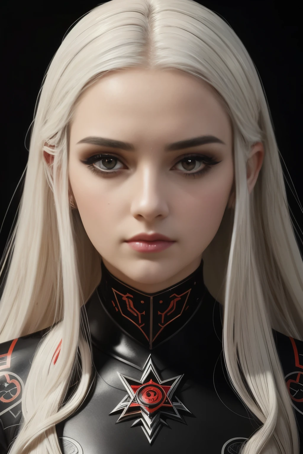 Portrait of a beautiful girl with wavy white hair, wearing a formal black dress with metal parts, red eyes, monograms in the background, digital painting, dark colors, 8k, complex details, vintage, retro futuristic style, sharp focus on the center, pastel colors, art station, (sci-fi, future, future theme), (facial expression looking with disdain), (detailed illustration)