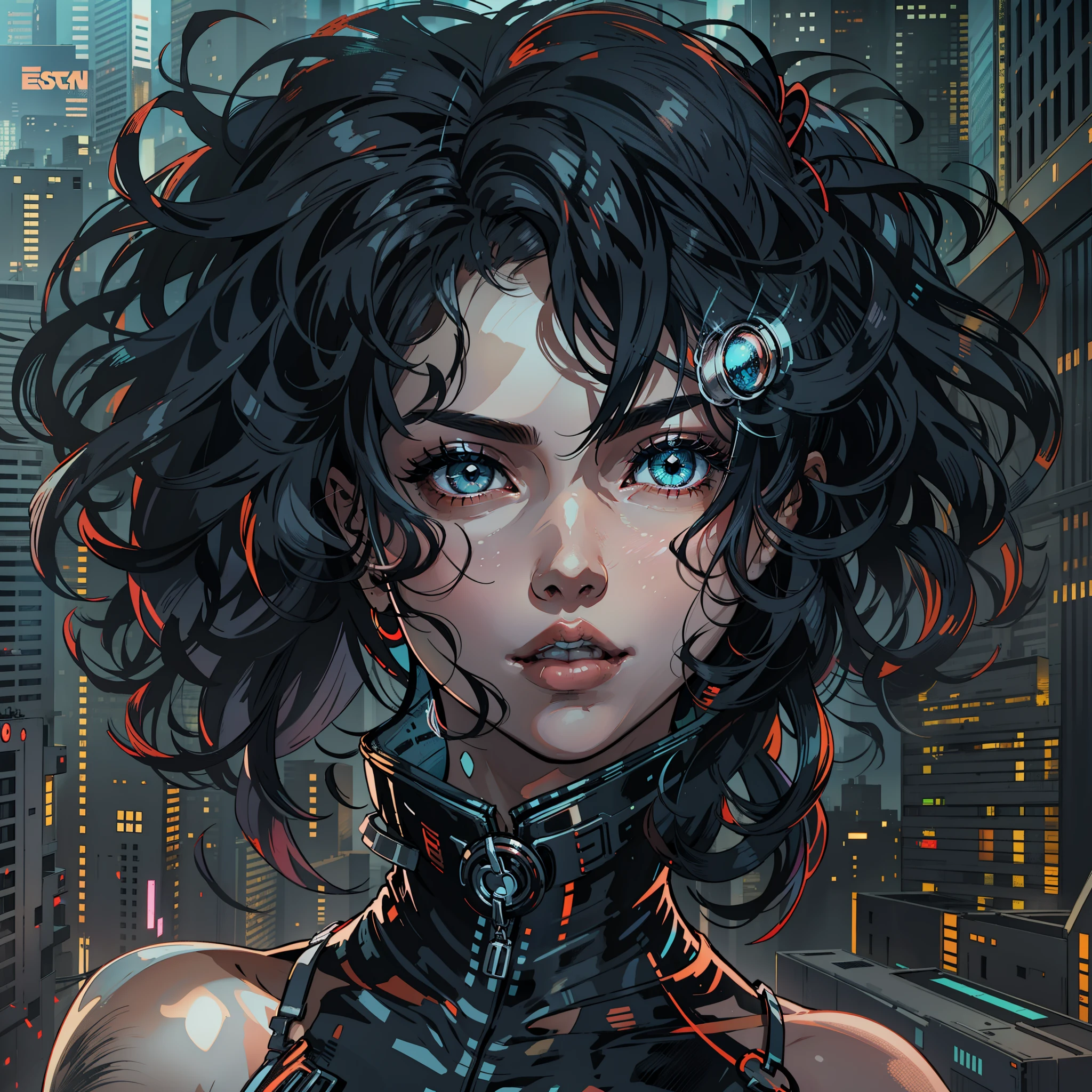 garota magra, branca, black hair curled and shabby, pose muito sensual, Beleza perfeita, Olhos bonitos　Glossy Lips,  seios muito pequenos aparecendo, mostrando os pequenos seios, cyberpunk