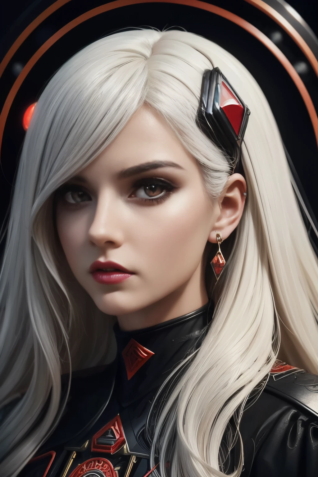 Portrait of a beautiful girl with wavy white hair, wearing a formal black dress with metal parts, red eyes, monograms in the background, digital painting, dark colors, 8k, complex details, vintage, retro futuristic style, sharp focus on the center, pastel colors, art station, (sci-fi, future, future theme), (facial expression looking with disdain), (detailed illustration)