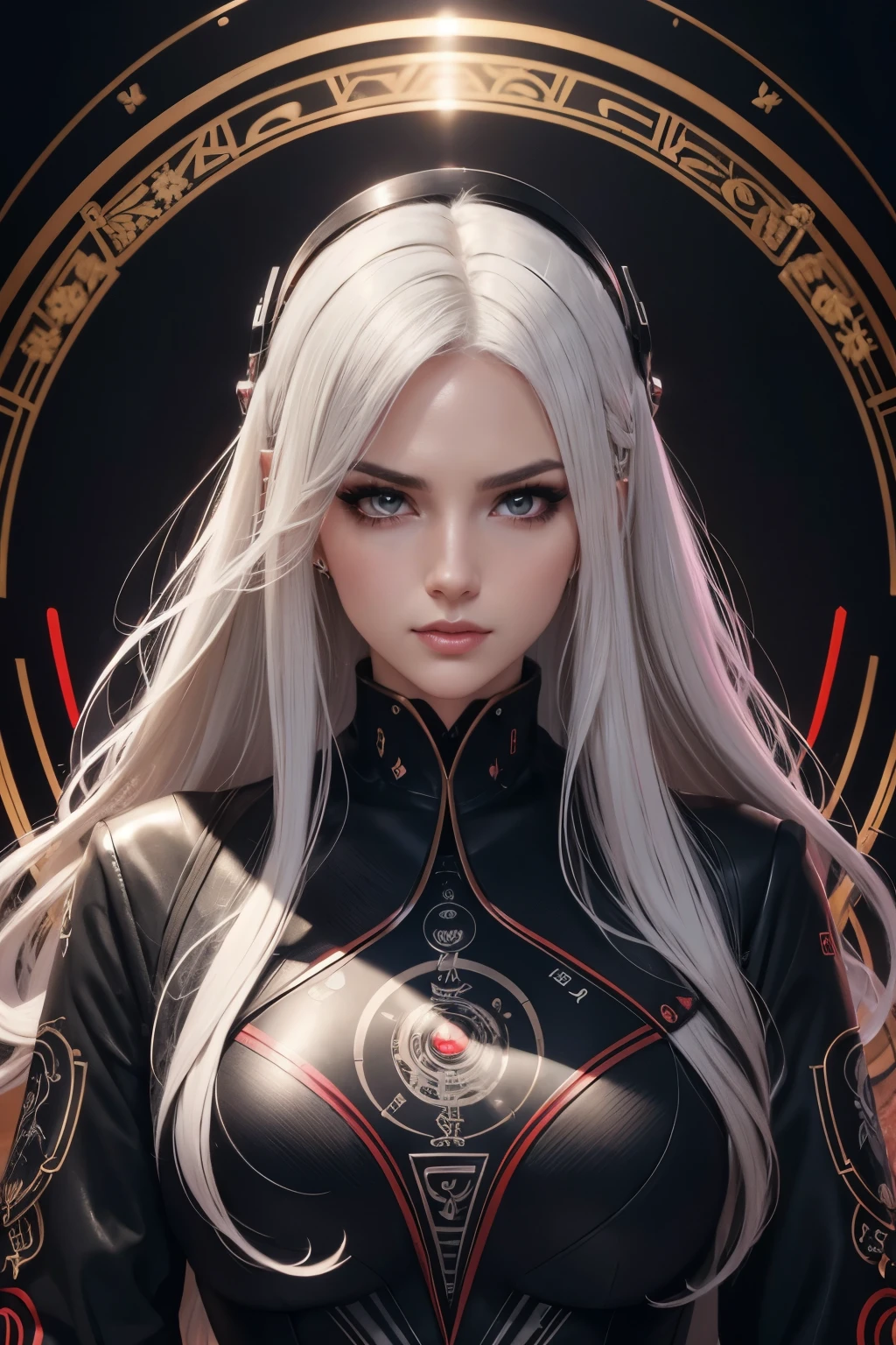 Portrait of a beautiful girl with wavy white hair, wearing a formal black dress with metal parts, red eyes, monograms in the background, digital painting, dark colors, 8k, complex details, vintage, retro futuristic style, sharp focus on the center, pastel colors, art station, (sci-fi, future, future theme), (facial expression looking with disdain), (detailed illustration)