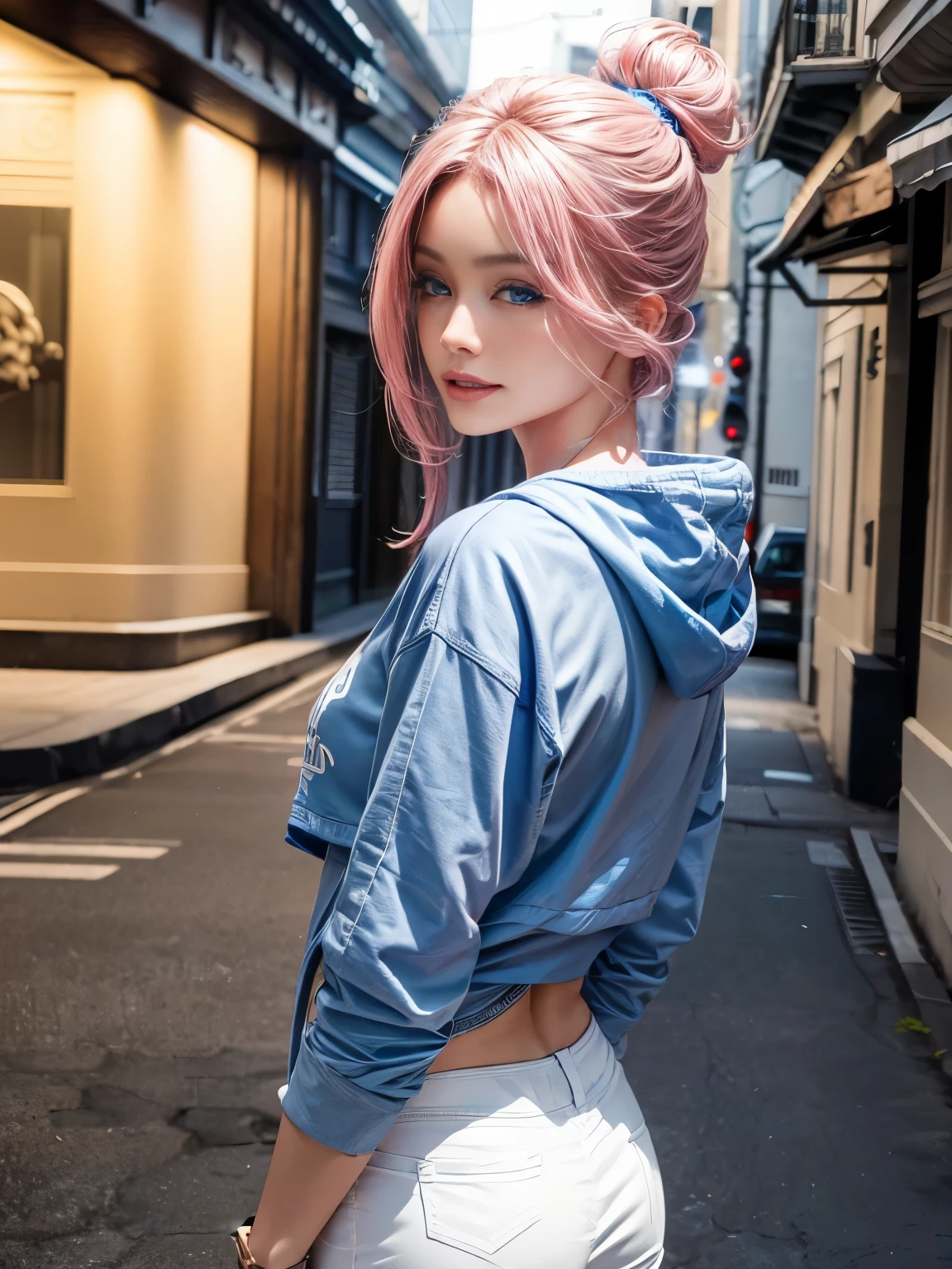 engfa, beautiful girl with blue eyes and pink hair, wearing a white pants and a dark blue sweatshirt, smiling, photo from her back, look over the shoulder, out on the streets, ultra high resolution, (photorealistic: 1.4), high resolution ,( blue eyes), (finely detailed skin), (perfectly proportions) (photos realistic) (masterpiece) (photorealistic), ultrarealistic (Best Quality) (Detailed) photographed in a Canon EOS R5, 50mm Lens, F/2.8, (8K) (Wallpaper) (Cinematic lighting) (Dramatic Lighting) (Convoluted) Fashion