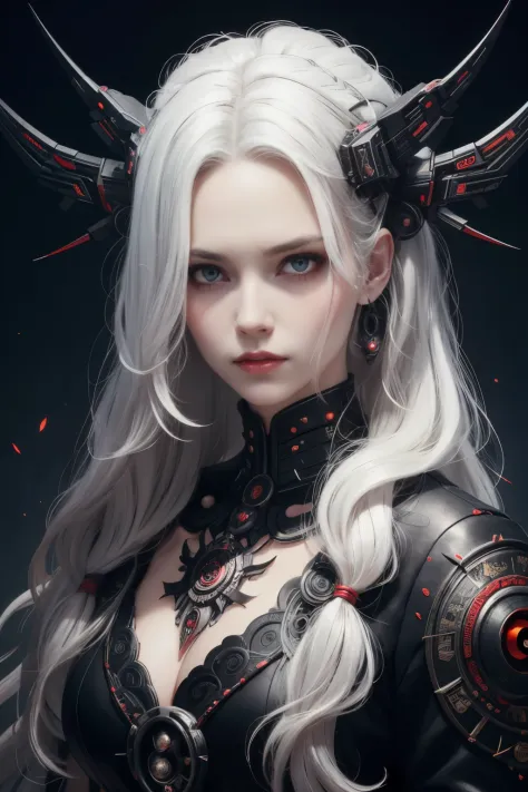 portrait of a beautiful girl with wavy white hair, wearing a formal black dress with metal parts, red eyes, monograms in the bac...