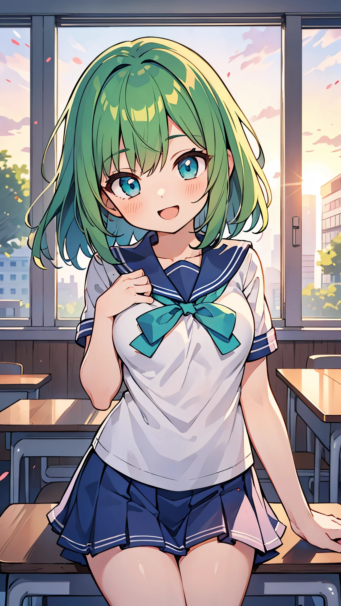 ((Pretty High School girl with green hair and blue eyes)), ((wearing Sailor suit)), red ribbon, Loli face, ((master piece, top-quality, ultra-definition, high resolution)), anime girl, ((ultra-detailed illust:1.2)), only one person, bangs, hair between eye, beautiful hair, Beautiful eyes, Medium breasts, Big smile, opened mouth, in the classroom, at dusk, sunset