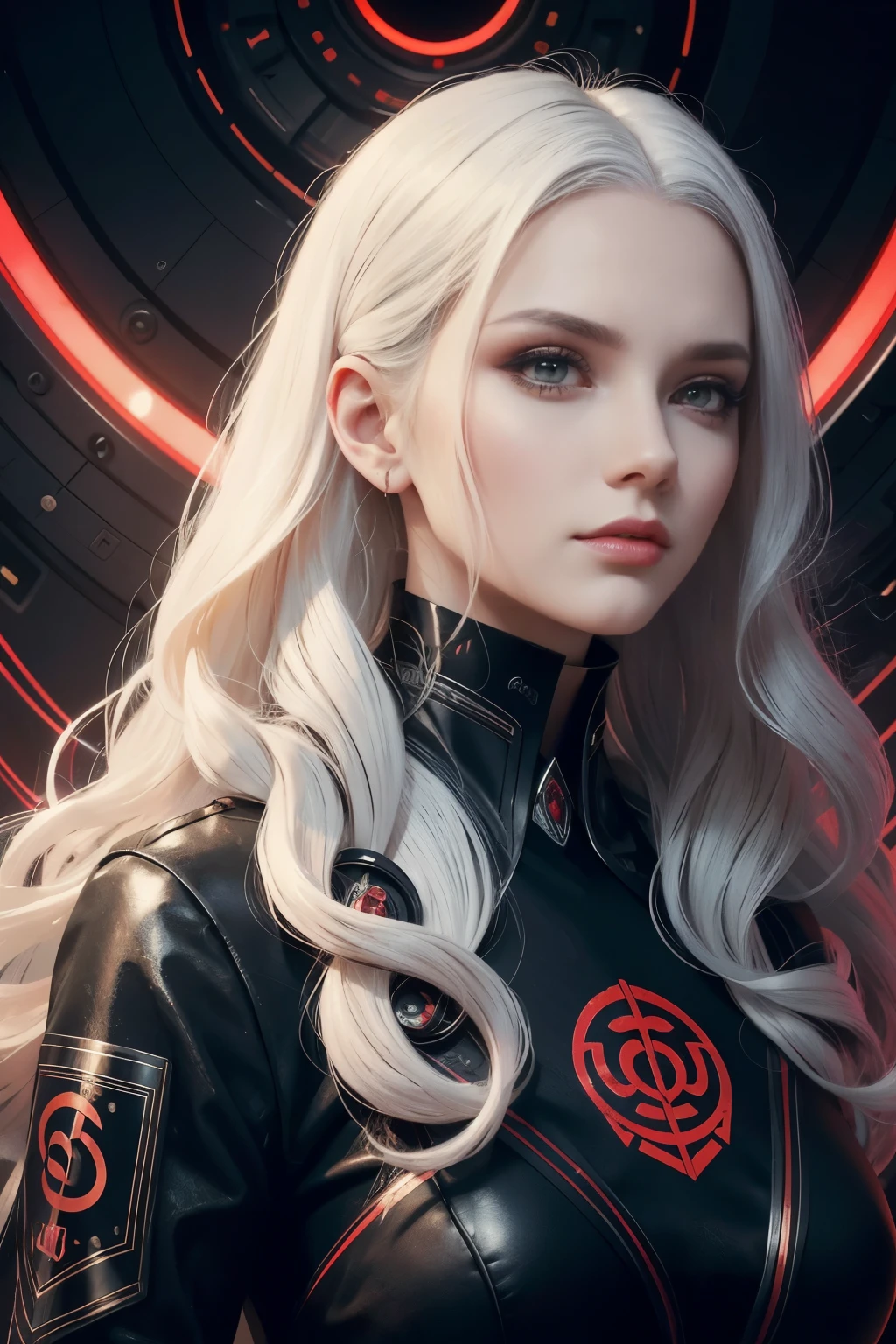 Portrait of a beautiful girl with wavy white hair, wearing a formal black dress with metal parts, red eyes, monograms in the background, digital painting, dark colors, 8k, complex details, vintage, retro futuristic style, sharp focus on the center, pastel colors, art station, (sci-fi, future, future theme), (facial expression looking with disdain), (detailed illustration)