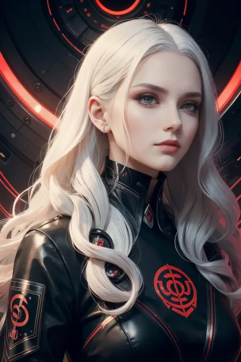 portrait of a beautiful girl with wavy white hair, wearing a formal black dress with metal parts, red eyes, monograms in the bac...