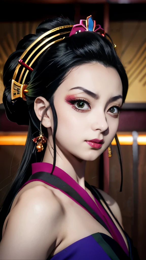 anime character with green eyes and a black hair with a gold crown, onmyoji portrait, screenshot from the anime film, still from anime, onmyoji detailed art, zhongli from genshin impact, nezuko, maya fey from ace attorney, demon slayer artstyle, onmyoji, the godess hera looking angry, nezuko-chan