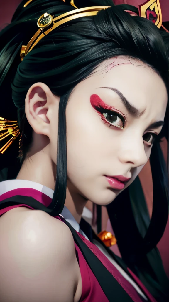 anime character with green eyes and a black hair with a gold crown, onmyoji portrait, screenshot from the anime film, still from anime, onmyoji detailed art, zhongli from genshin impact, nezuko, maya fey from ace attorney, demon slayer artstyle, onmyoji, the godess hera looking angry, nezuko-chan