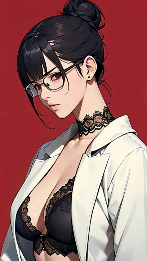 highest quality、masterpiece、Front angle、(((One 20-year-old woman)))、(((White Coat of Doctor、Black luxury underwear、Glasses)))、((black hair、side bun))、(((red eyes))),((upper body ))、((embarrassing、envy、sulk、Get angry))、(((big breasts))), Smooth anime CG art...