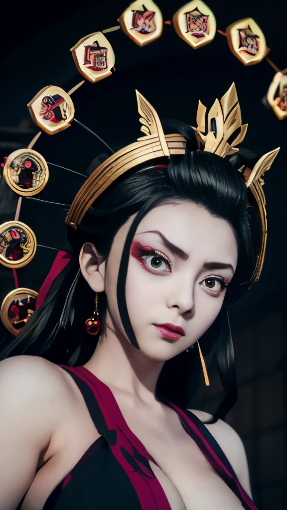 anime character with green eyes and a black hair with a gold crown, onmyoji portrait, screenshot from the anime film, still from anime, onmyoji detailed art, zhongli from genshin impact, nezuko, maya fey from ace attorney, demon slayer artstyle, onmyoji, the godess hera looking angry, nezuko-chan