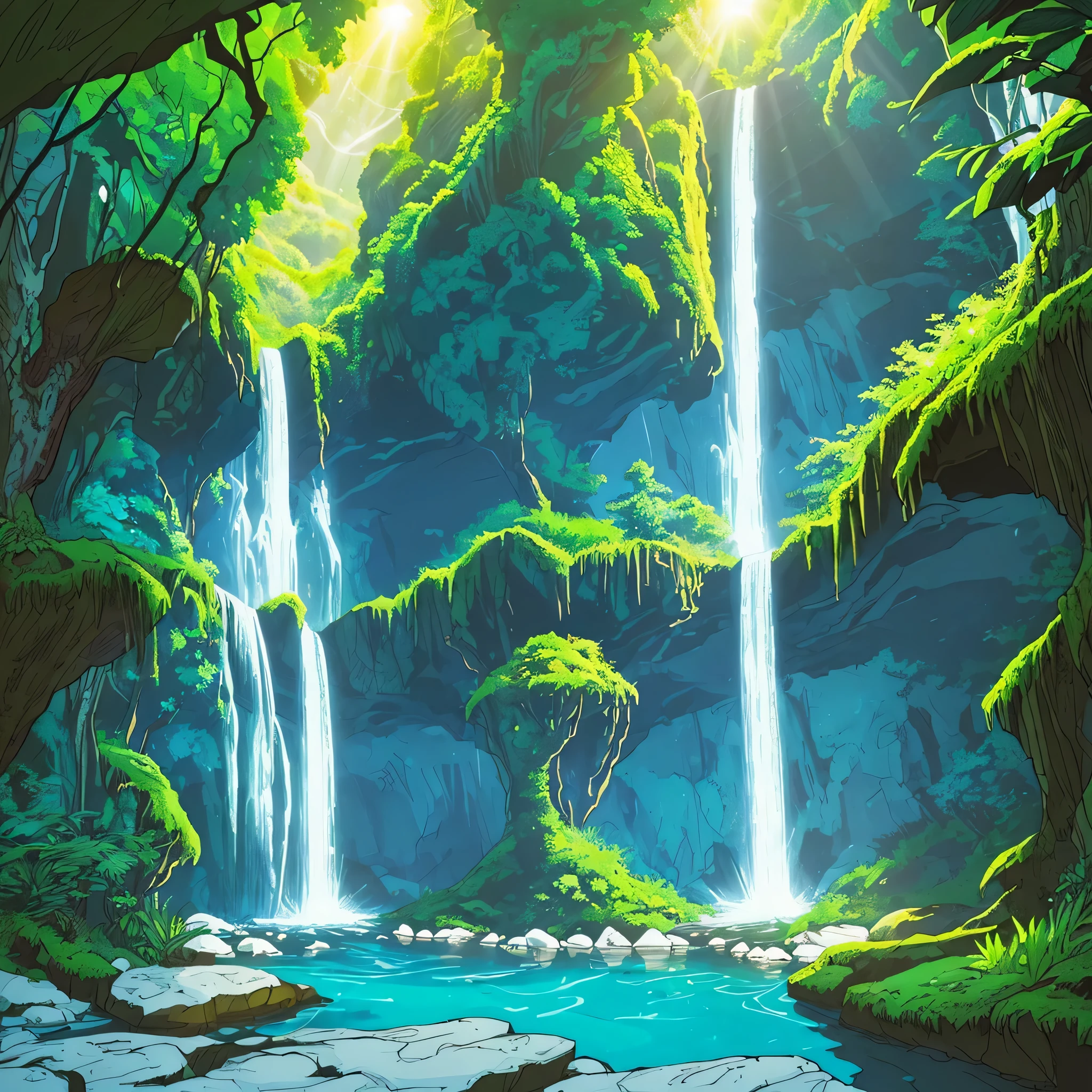 Comic background Hergé style drawing, first person perspective, cave entry near waterfall inside enchanted forest, (and have a track nearby), dawn time masterpiece,nature,(Dawn,Waterfall,paradise, nature, water, sunlight, bold outline, glowing white light:1.25)