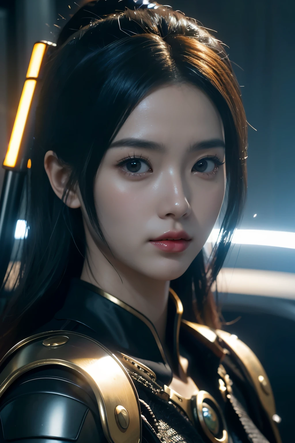 Game art，The best picture quality，Highest resolution，8K，((A bust photograph))，((Portrait))，(Rule of thirds)，Unreal Engine 5 rendering works， (The Girl of the Future)，(Female Warrior)， 22-year-old girl，(Female hackers)，(Ancient Oriental hairstyle)，(A beautiful eye full of detail)，(Big breasts)，(Eye shadow)，Elegant and charming，indifferent，((Frown))，(Future style silk combat suit combined with the characteristics of Chinese cheongsam，Joint Armor，There are exquisite Chinese patterns on the clothes，A flash of jewellery)，Cyberpunk Characters，Future Style， Photo poses，City background，Movie lights，Ray tracing，Game CG，((3D Unreal Engine))，oc rendering reflection pattern