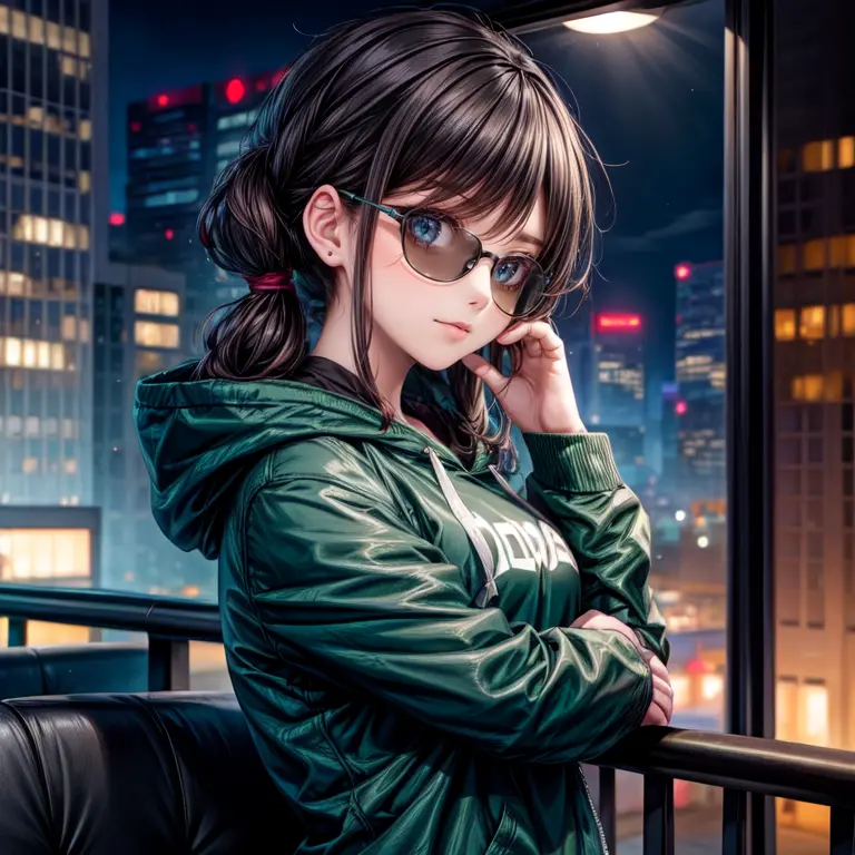 Portrait, wearing sunglasses, A cool boy in black hoodie, green cyber backgrounr, green lamborghini, night lights city, 