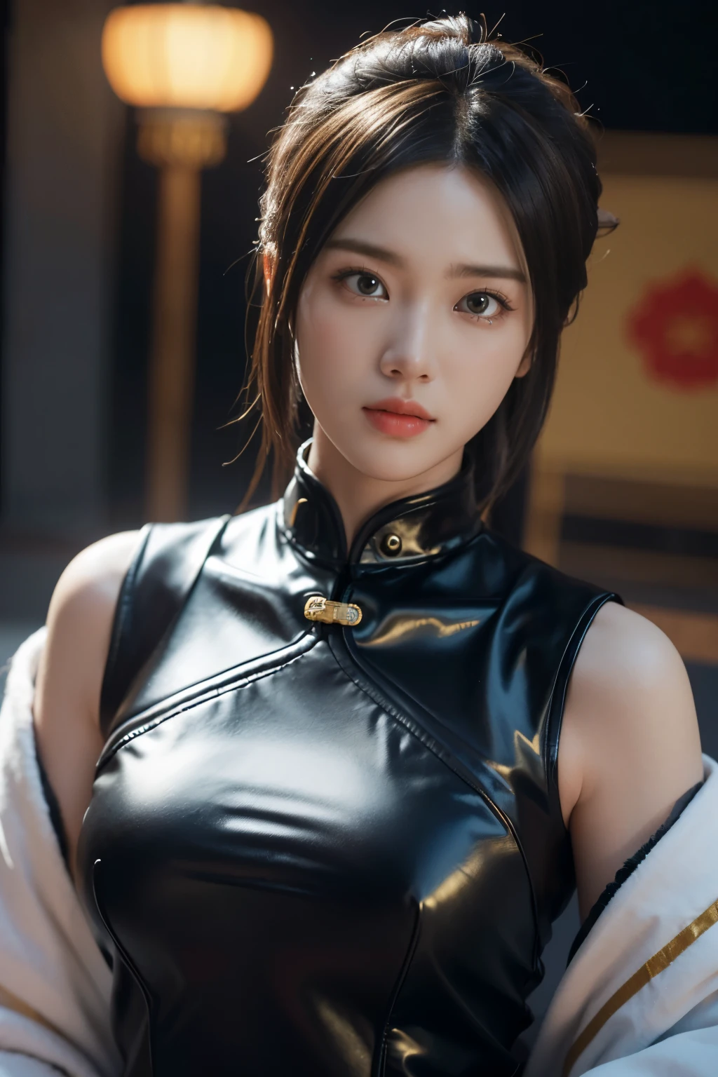 Game art，The best picture quality，Highest resolution，8K，((A bust photograph))，((Portrait))，(Rule of thirds)，Unreal Engine 5 rendering works， (The Girl of the Future)，(Female Warrior)， 22-year-old girl，(Female hackers)，(Ancient Oriental hairstyle)，(A beautiful eye full of detail)，(Big breasts)，(Eye shadow)，Elegant and charming，indifferent，((Frown))，(Future style silk combat suit combined with the characteristics of Chinese cheongsam，Joint Armor，There are exquisite Chinese patterns on the clothes，A flash of jewellery)，Cyberpunk Characters，Future Style， Photo poses，City background，Movie lights，Ray tracing，Game CG，((3D Unreal Engine))，oc rendering reflection pattern