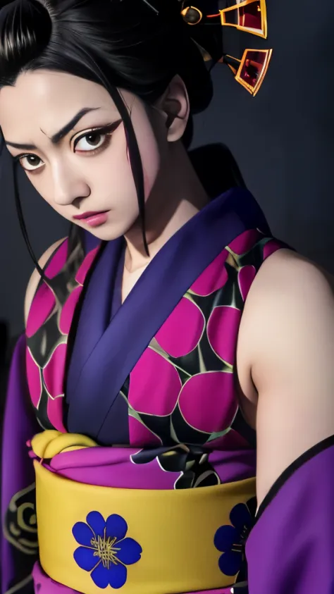 a close up of a person in a kimono outfit, kimetsu no yaiba, in jojo\'s bizarre adventure, screenshot from the anime film, jojo ...