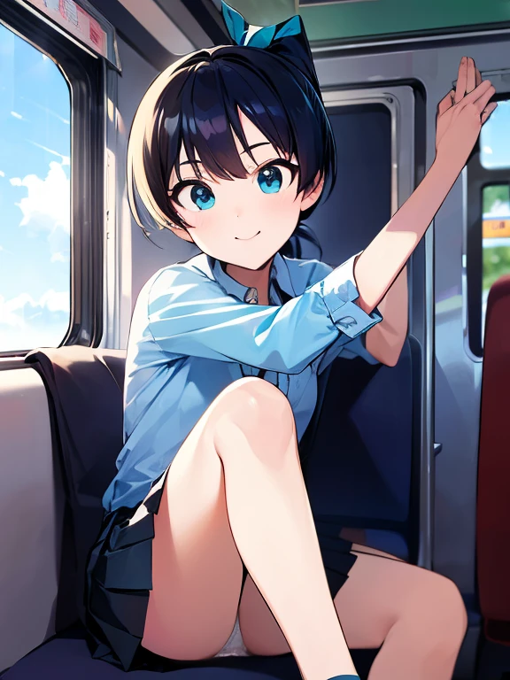 ((highest quality, 8K, Idol Master: 1.3, RAW photo)), sharp focus 1.1),Hibiki Ganaha,Alone, beautiful face, highly detailed face, turquoise eyes,black hair ponytail,large light blue ribbon,Sun-kissed skin,eye highlights,Amazing smile (blue check pleated skirt、light blue dress shirt、College uniform 1.5), sit on a train chair(show white lace panties:1.1), from the front, loose socks,whole body